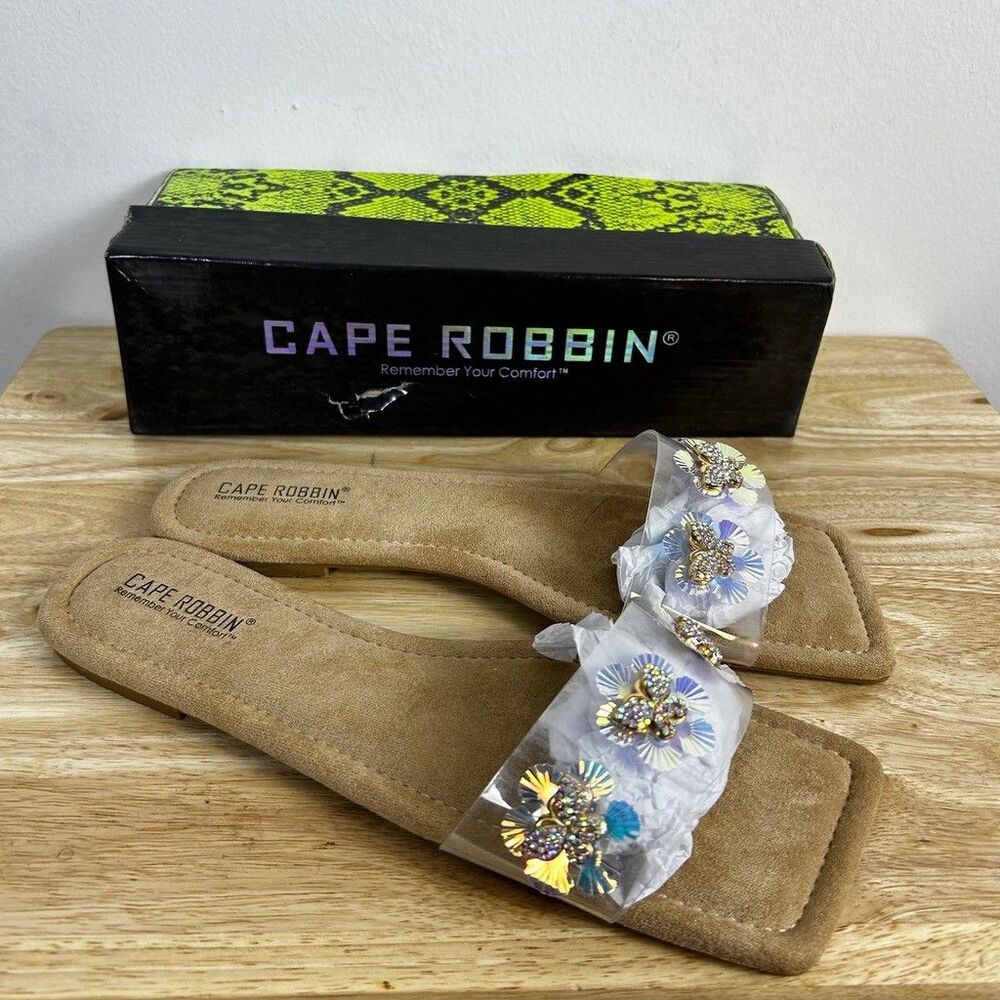 Cape Robbin Basto Nude Flat Slide Sandals Womens Size 10 Clear Strap Butterfly